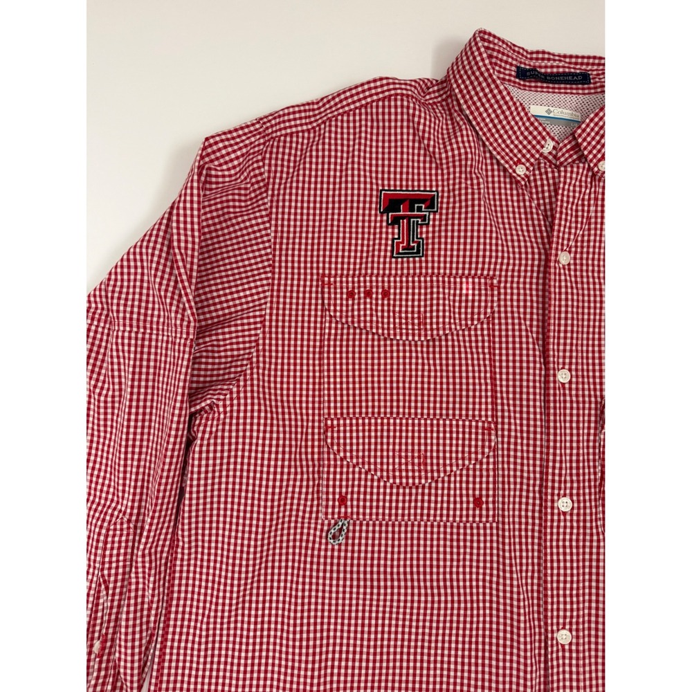 Columbia PFG Super Bonehead Texas Tech Shirt Mens Large Red Gingham Fishing L - Picture 5 of 6